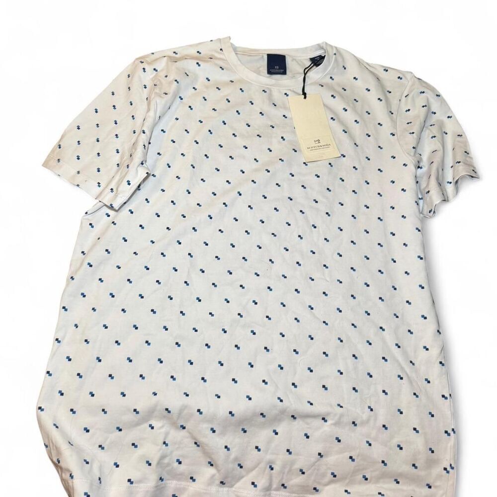 NWT Scotch & Soda Mens M White Blue Geometric Print Stretch Crewneck T-Shirt Tee